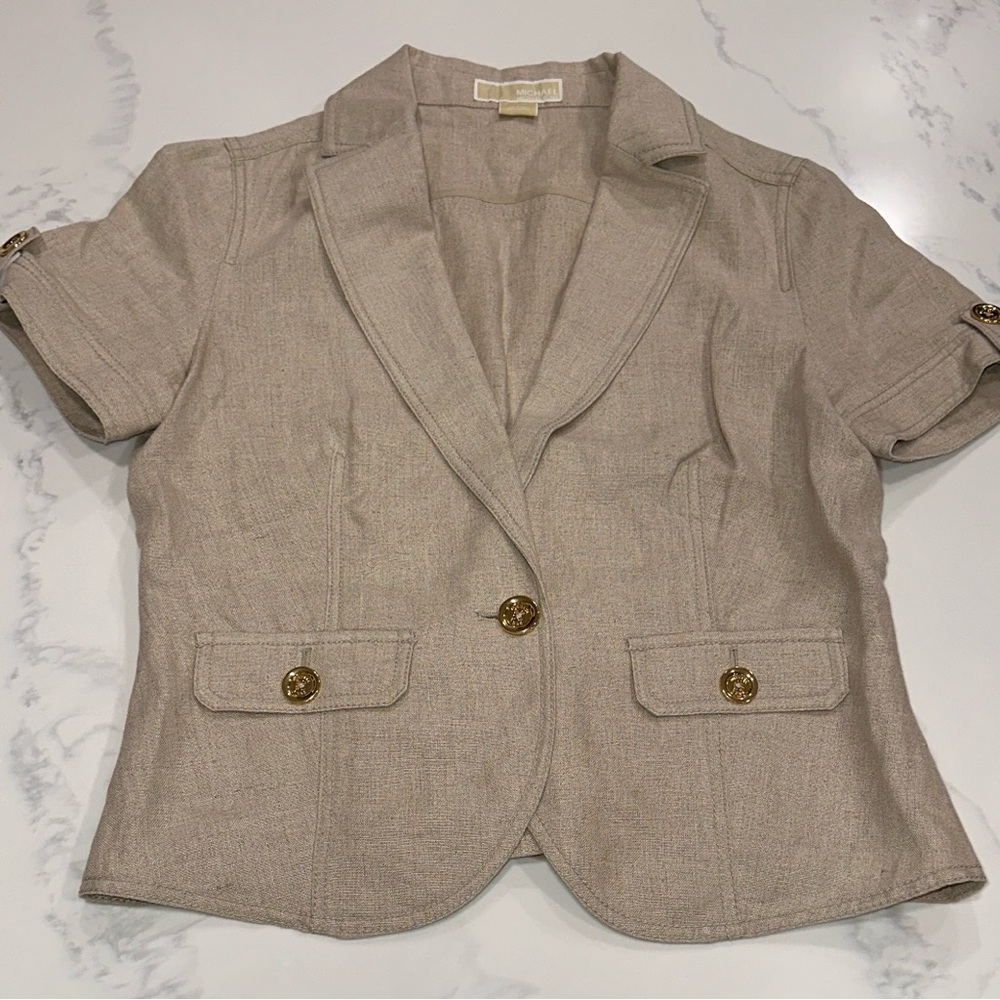 MICHAEL KORS SIZE L~100% LINEN DRESS JACKET BLAZER~PUFF SLEEVES GOLD BUTTON UP - Picture 15 of 16